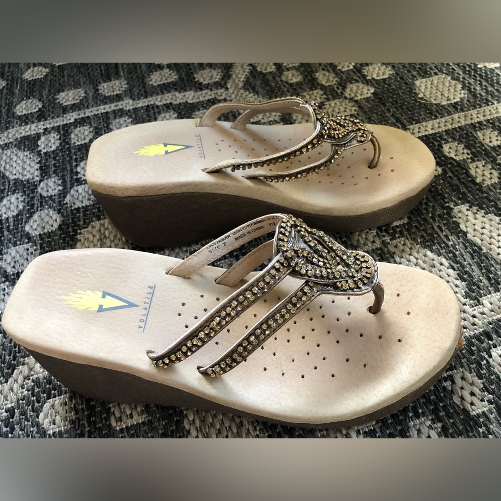 Volatile Wedge Platform Antique Bronze Beaded Shoes Size 7